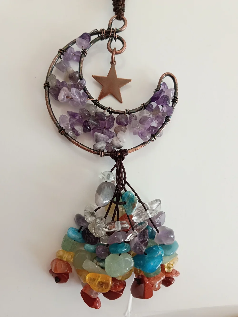 Bohemian Amethyst Moon Charm Hanger Necklace with Multicolor Gem Tassel Chakra